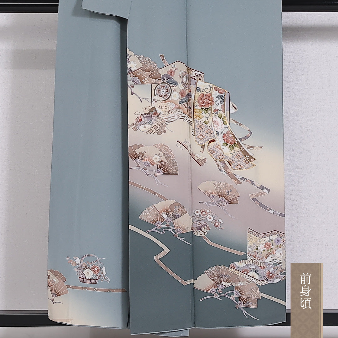 色留袖 袷 身丈152cm 裄丈62cm 正絹 Aランク 一つ紋 (丸に抱き茗荷) セミフォーマル 広衿 Sサイズ 金駒刺繍 ガード加工 御所解 水色系 RP 1214-06544