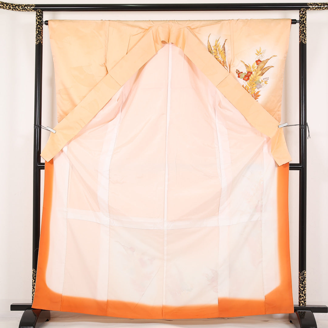 洗える着物 訪問着 袷 身丈167cm 裄丈64cm ポリエステル Aランク 紋意匠 (扇) セミフォーマル 広衿 Mサイズ 花柄 朱系 RP 1217-17471