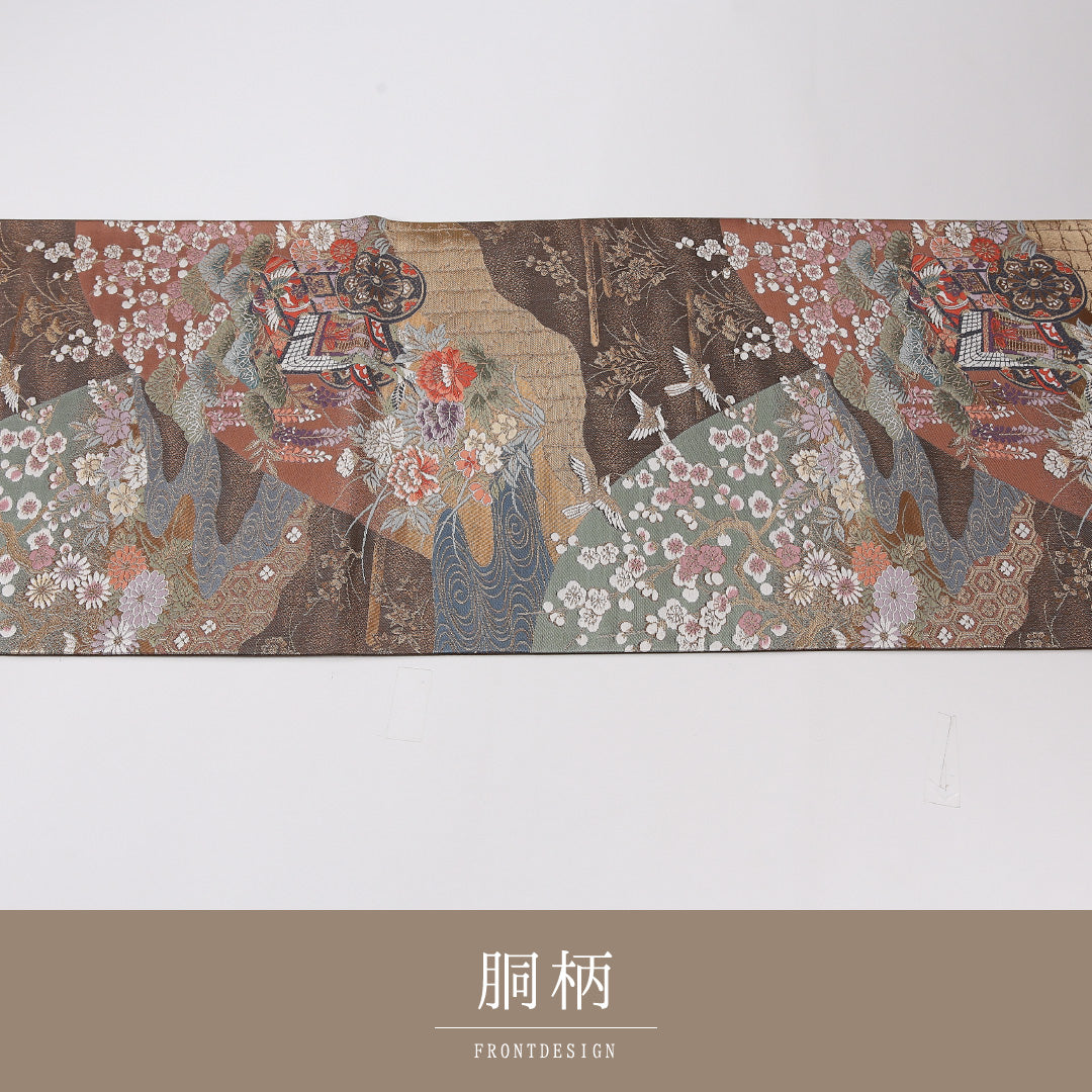 花車 袋帯 帯丈432cm 正絹 六通 フォーマル 茶系 ベージュ系 1243-02636
