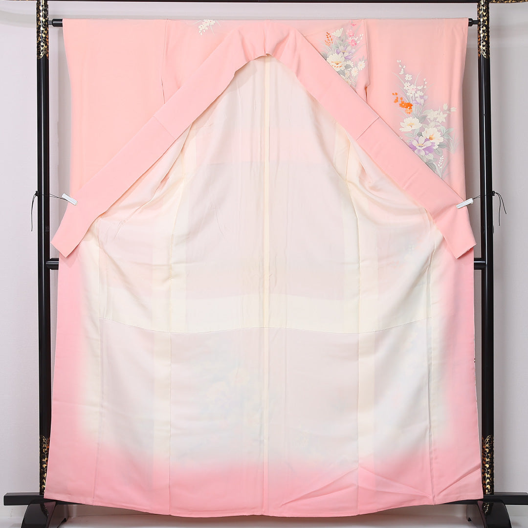 振袖 袷 身丈164cm 裄丈63cm 正絹 Sランク フォーマル 広衿 Lサイズ 牡丹 ピンク系 RP 1215-06772