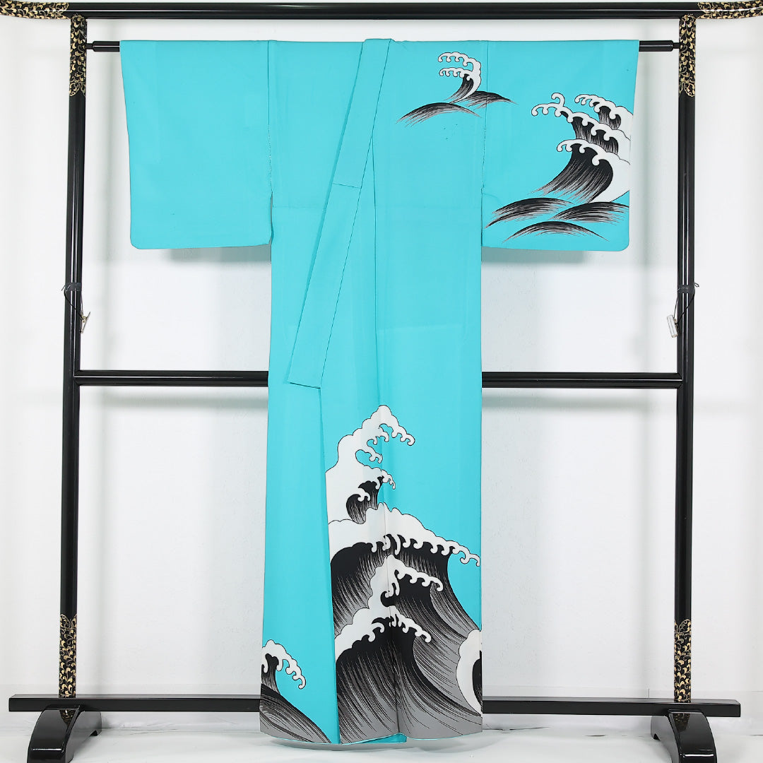 洗える着物 男着物 単衣 身丈158cm 裄丈66cm ポリエステル Cランク 踊り用 棒衿 3XLサイズ 波頭 水色系 RP 1224-17434