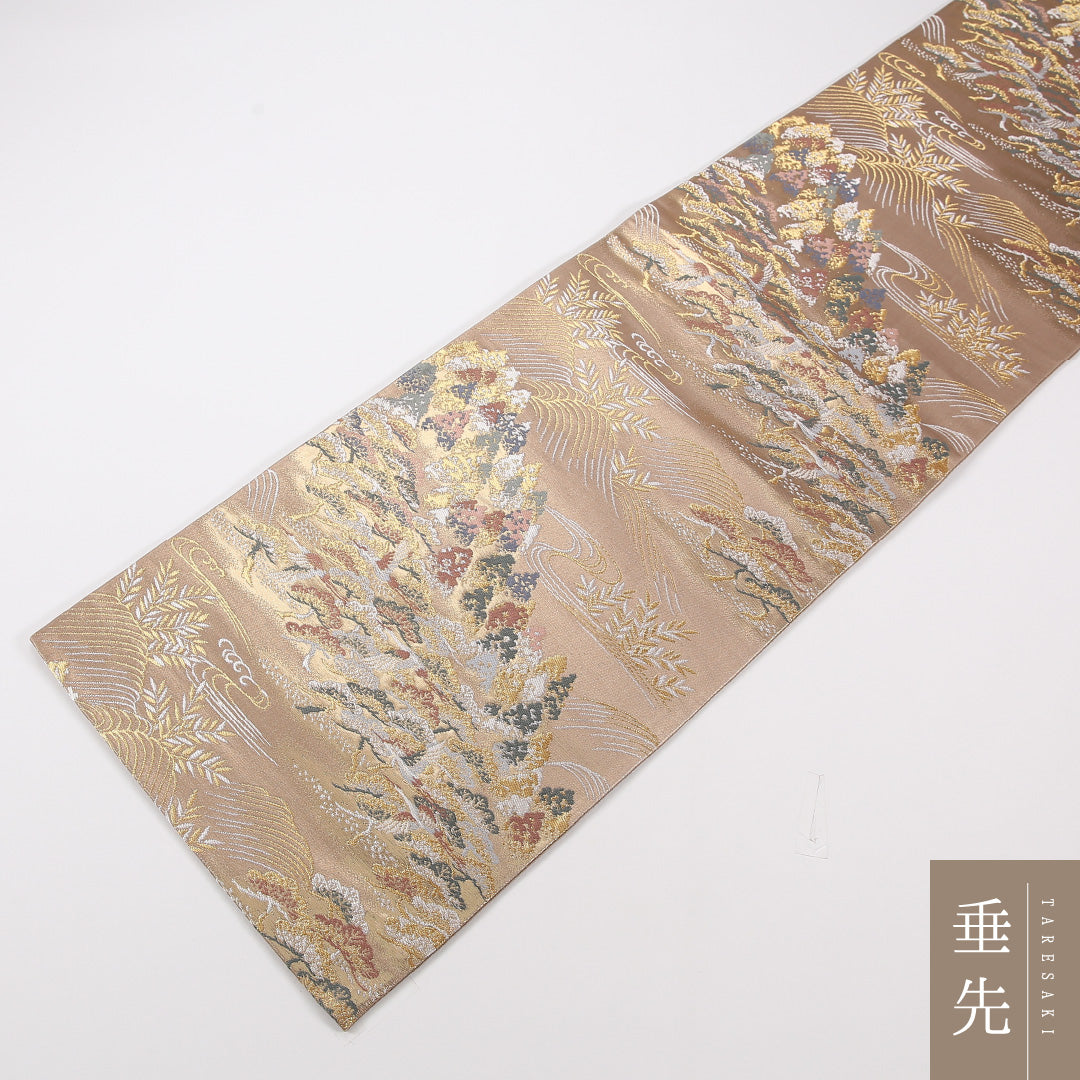 流水 袋帯 帯丈424cm 正絹 六通 フォーマル 松 ガード加工 ベージュ系 茶系 1243-02574