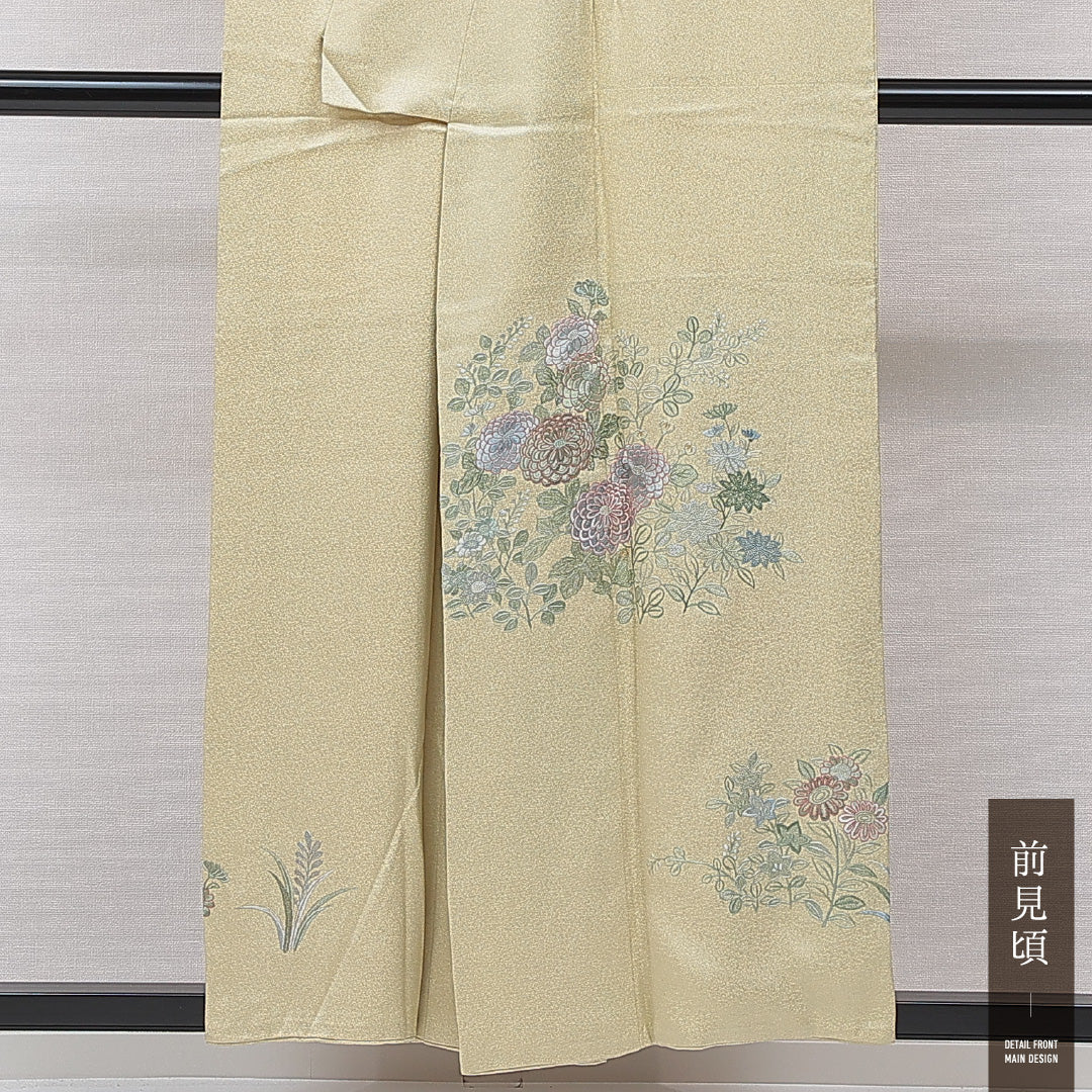 色留袖 袷 身丈154cm 裄丈62cm 正絹 Cランク 三つ紋 (対い鶴) フォーマル 広衿 Sサイズ 蘇州刺繍 相良刺繍 菊 黄系 LP 1214-07084