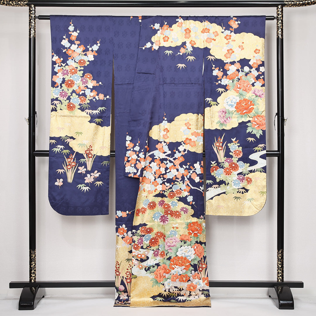 振袖 袷 身丈173cm 裄丈69cm 正絹 Sランク フォーマル 広衿 2XLサイズ 金彩 刺繍 エ霞 花柄 流水 紺系 RP 1215-06780