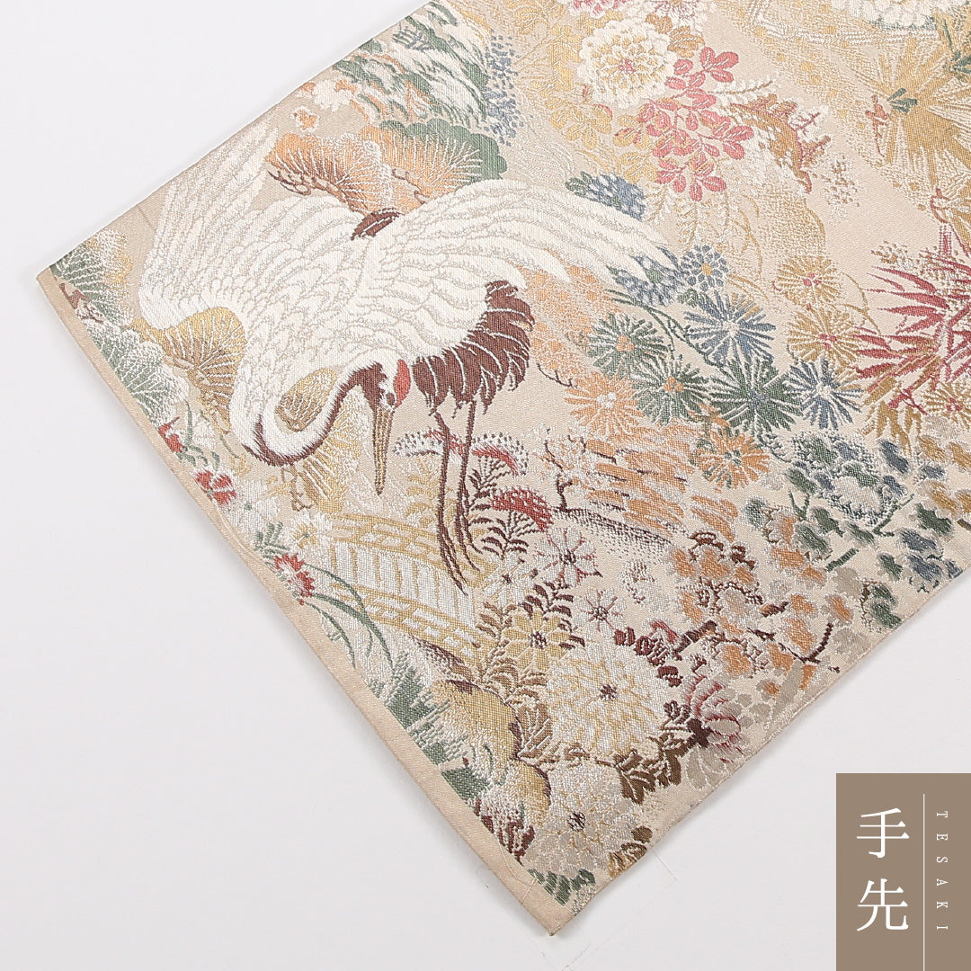 アンティーク 丸帯 帯丈392cm 正絹 全通 鶴 菊 クリーム系 1242-02570