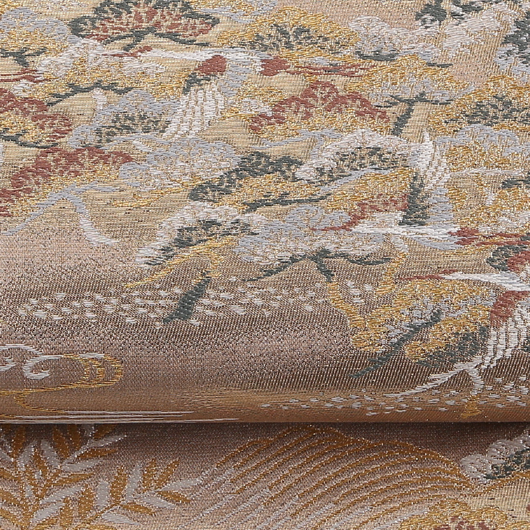 流水 袋帯 帯丈424cm 正絹 六通 フォーマル 松 ガード加工 ベージュ系 茶系 1243-02574