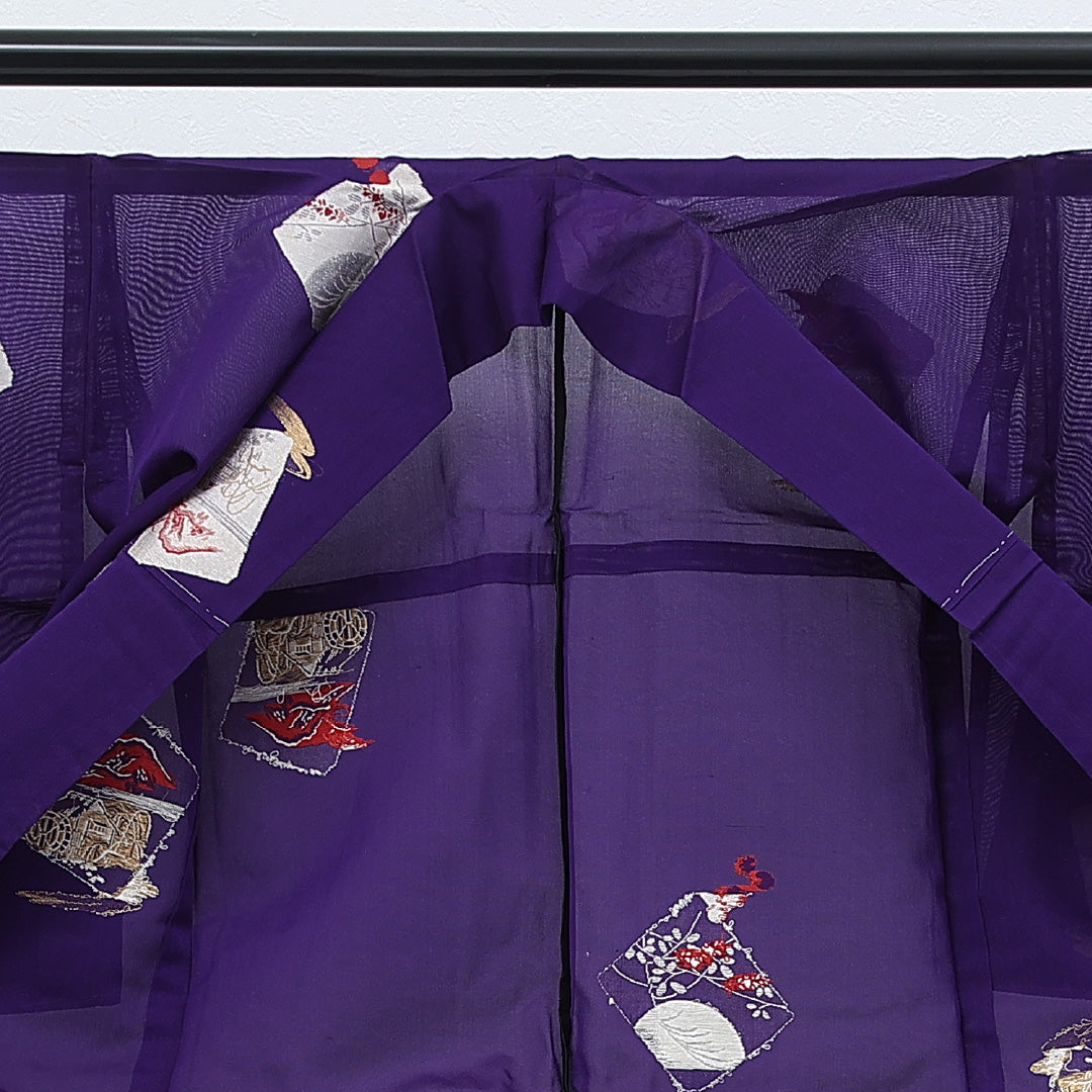 アンティーク 夏物 小紋 紗 身丈148cm 裄丈64cm 正絹 Bランク 広衿 Sサイズ 金箔 風景柄 紫系 RP 1221-17248