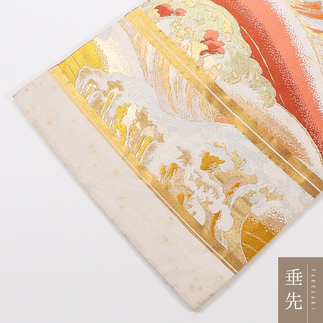 アンティーク 丸帯 帯丈402cm 正絹 全通 波頭 クリーム系 1242-02561
