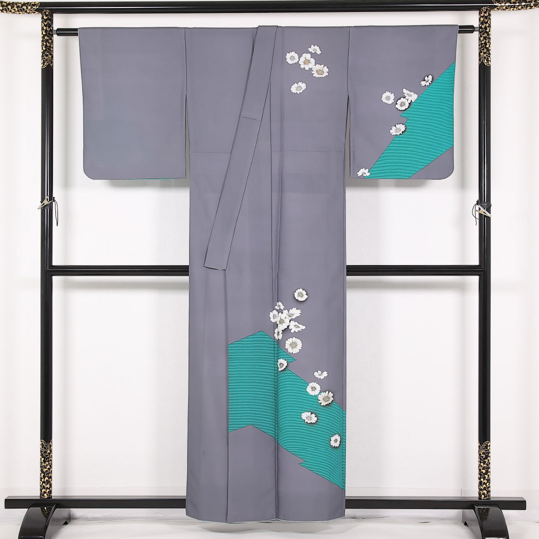 洗える着物 訪問着 単衣 身丈157cm 裄丈66cm ポリエステル Aランク 踊り用 バチ衿 Mサイズ 菊 グレー系 LP 1217-17512