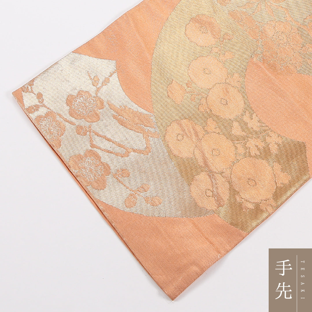 扇面文 袋帯 帯丈424cm 正絹 六通 フォーマル 朱系 金系 1243-02638