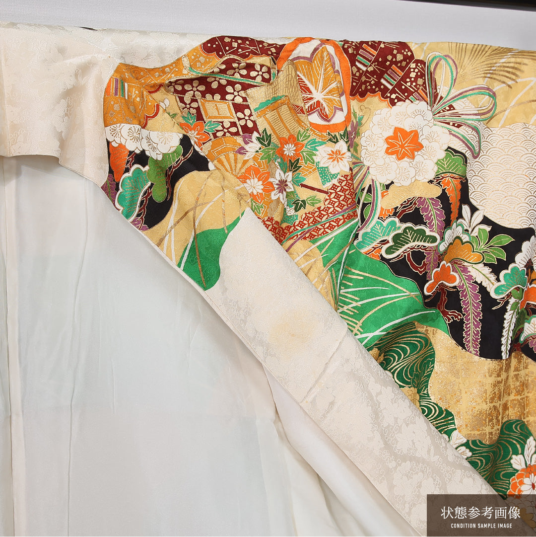 振袖 袷 身丈158cm 裄丈63cm 正絹 Bランク フォーマル 広衿 Mサイズ 刺繍 貝桶 牡丹 松 多色系 RP 1215-06738