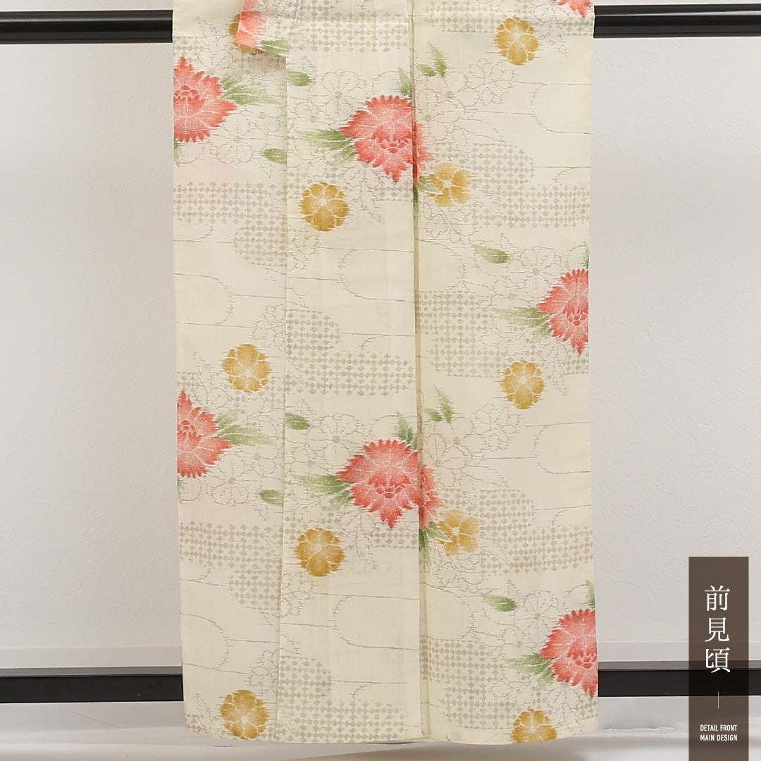 夏物 洗える着物 麻の紬 身丈156cm 裄丈63cm 麻 Sランク カジュアル バチ衿 Sサイズ 染め紬 牡丹 クリーム系 M4 1223-17300