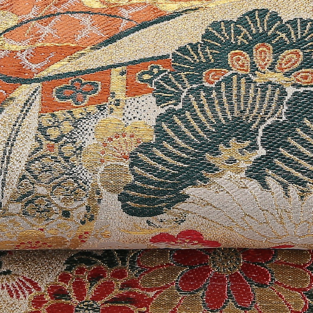 アンティーク 丸帯 帯丈388cm 正絹 全通 扇面文 菊 松 ベージュ系 1242-02566