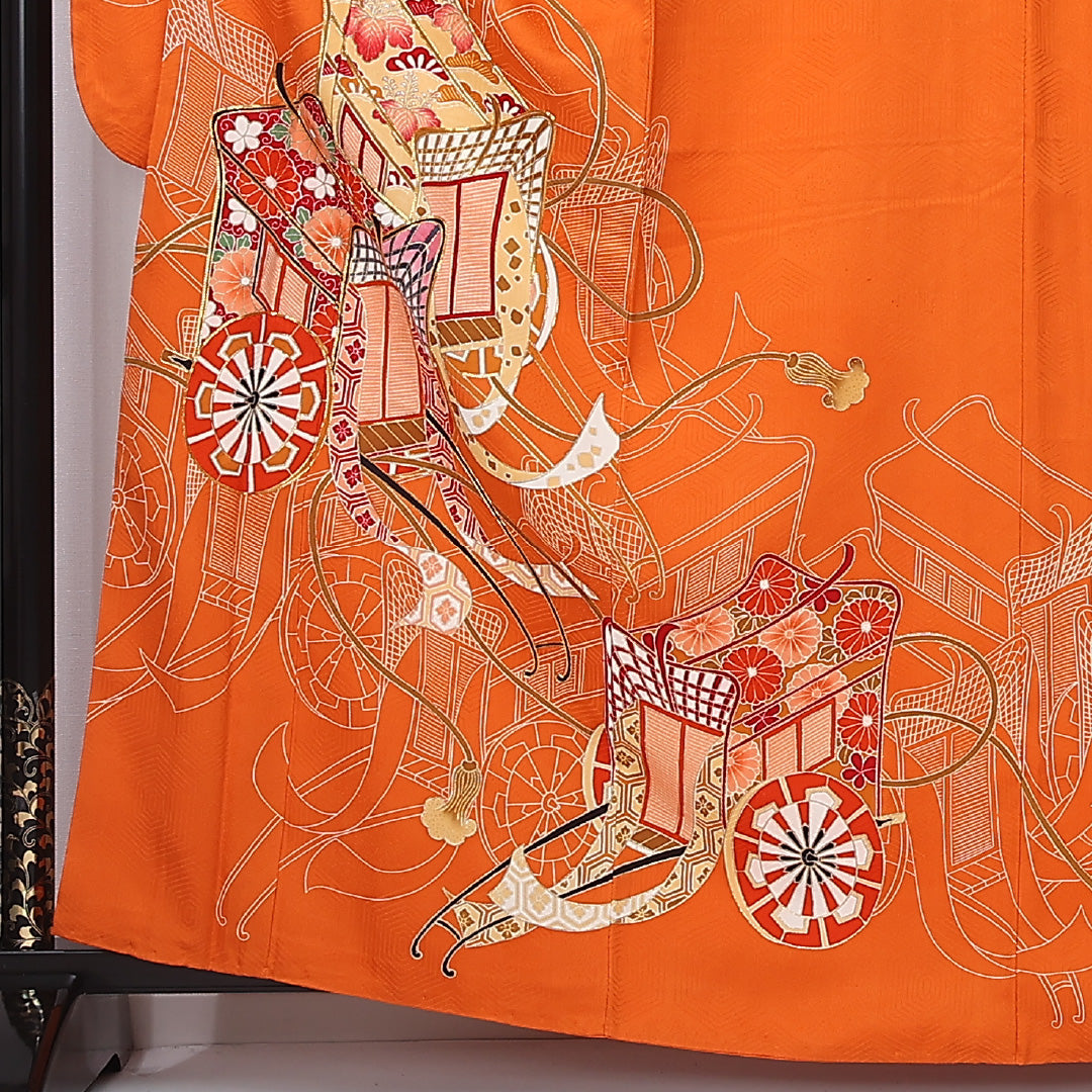 振袖 袷 身丈161cm 裄丈66cm 正絹 Sランク フォーマル 広衿 Lサイズ 御所車 朱系 RP 1215-06764