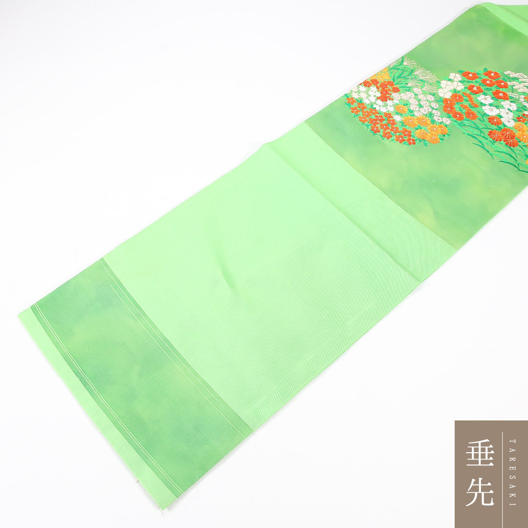 未使用品 九寸名古屋帯 Sランク 帯丈362cm 正絹 ポイント柄 名古屋仕立て 織り インフォーマル 菊 菊・椿 椿 緑系 RP 1245-04784