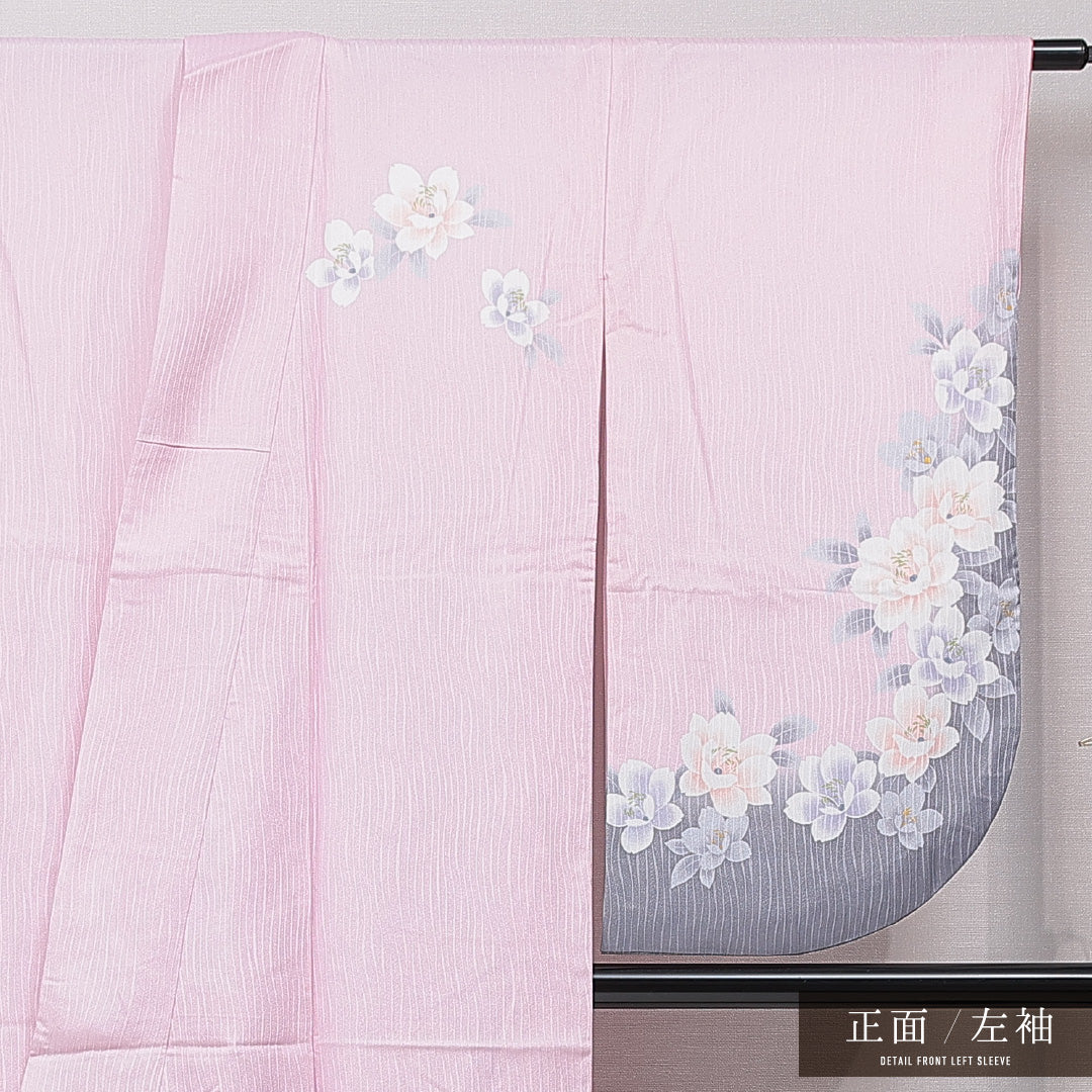洗える着物 小振袖 袷 身丈168cm 裄丈66cm ポリエステル Sランク セミフォーマル 広衿 XLサイズ 椿 ピンク系 RP 1216-07063