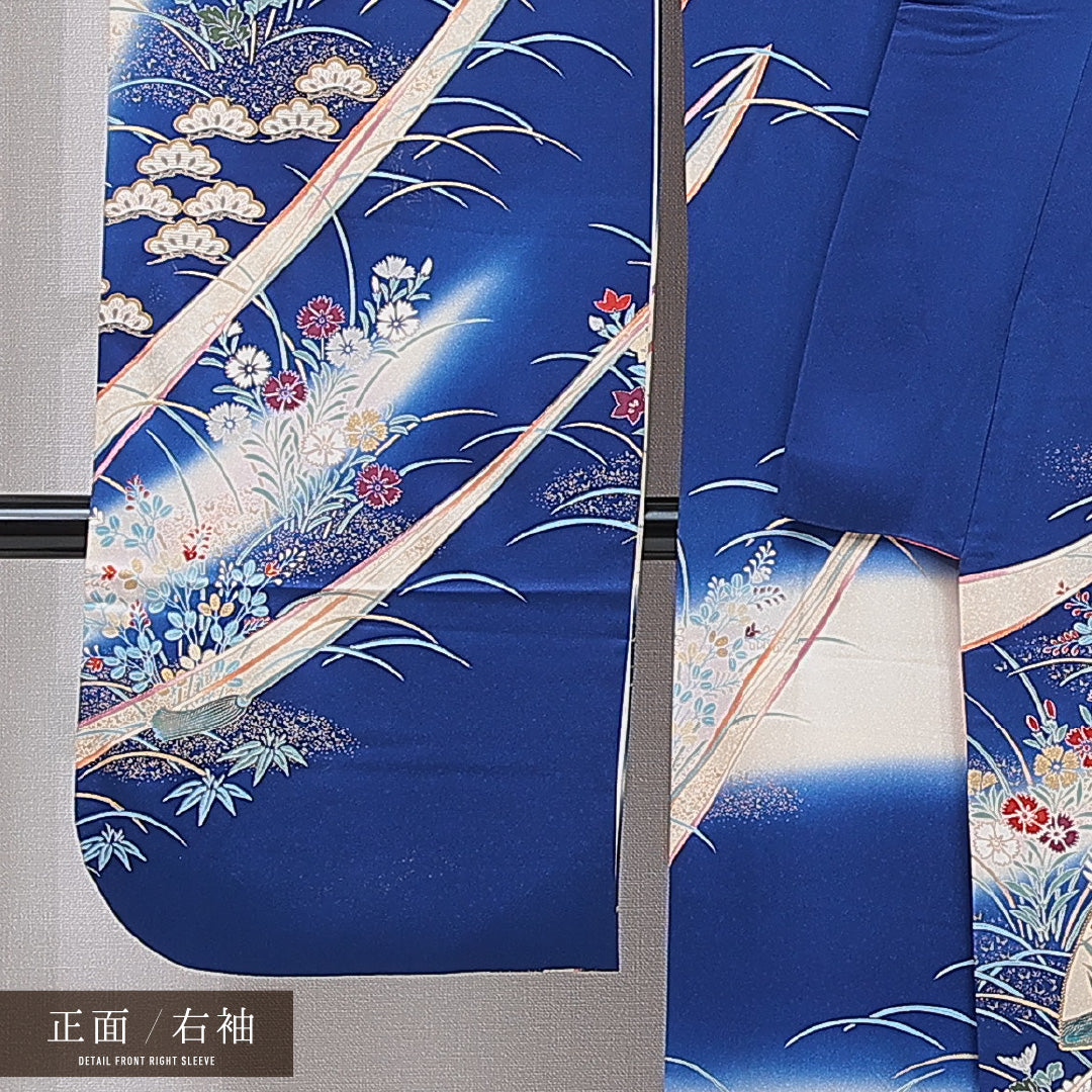 振袖 袷 身丈158cm 裄丈63cm 正絹 Aランク フォーマル 広衿 Mサイズ 金駒刺繍 扇面文 鶴 牡丹 青系 RP 1215-06995