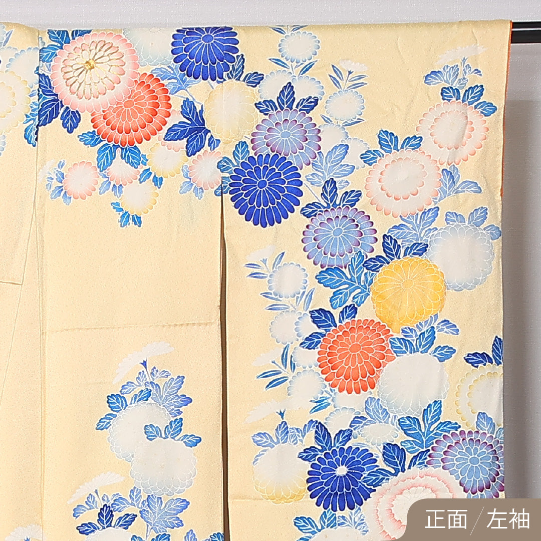 振袖 袷 身丈160cm 裄丈65cm 正絹 Bランク フォーマル 広衿 Lサイズ 刺繍 菊 黄系 RP 1215-06730