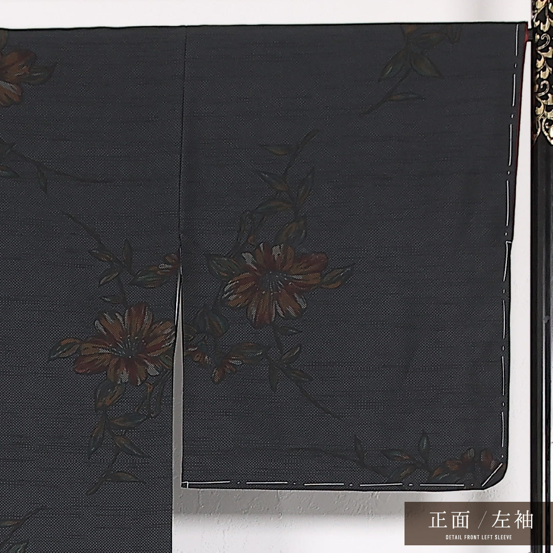未使用品 洗える着物 小紋 袷 身丈167cm 裄丈68cm ポリエステル Nランク インフォーマル 広衿 Mサイズ しつけ糸 花柄 紺系 RP 1221-17509