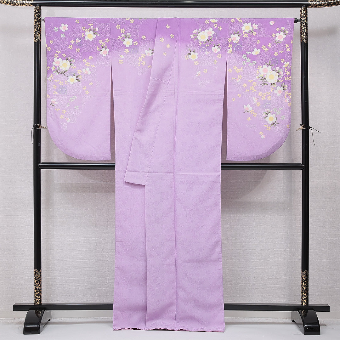 洗える着物 小振袖 袷 身丈168cm 裄丈68cm ポリエステル Sランク セミフォーマル 広衿 XLサイズ 金彩 桜 紫系 RP 1216-07065