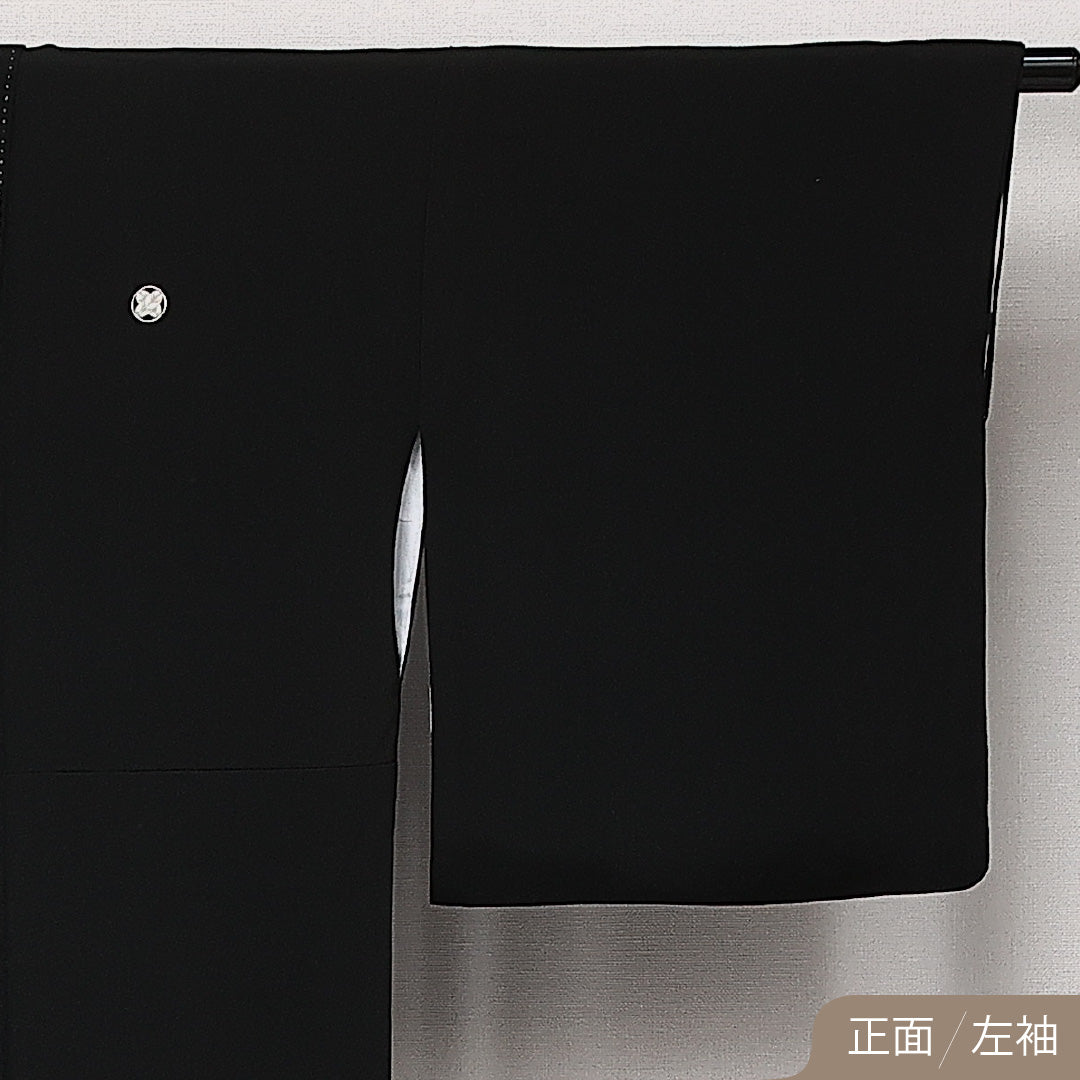 黒留袖 袷 身丈164cm 裄丈65cm 正絹 Sランク 五つ紋 (丸に違い鷹の羽) フォーマル 広衿 Lサイズ 比翼 几帳 黒系 RP 1213-06868
