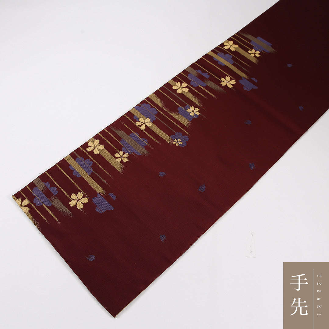 桜 袋帯 帯丈444cm 正絹 六通 セミフォーマル 赤系 茶系 1243-02600