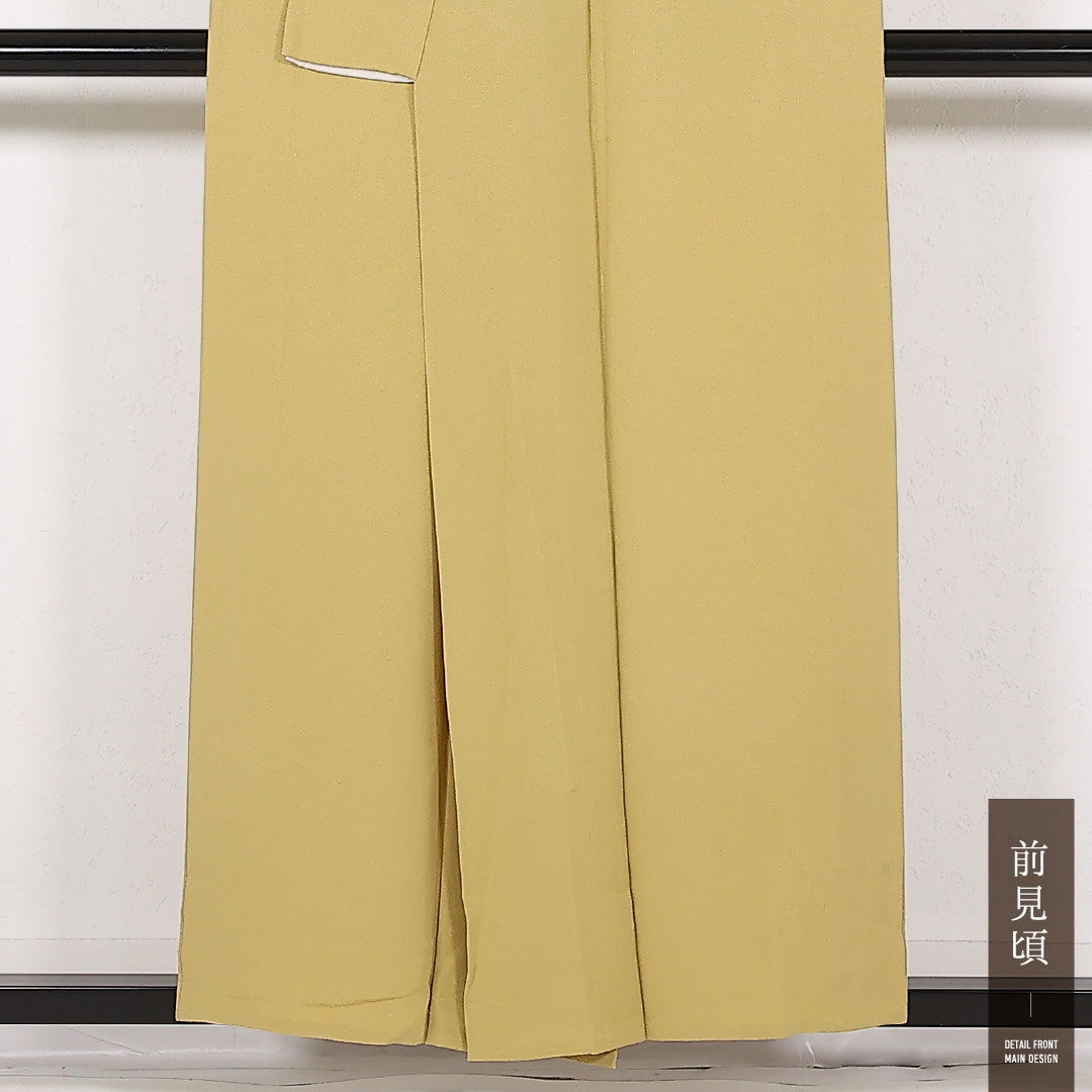 色無地 単衣 身丈154cm 裄丈64cm 正絹 Sランク 一つ紋 (沢瀉) セミフォーマル 広衿 Mサイズ 黄系 RP 1219-17494