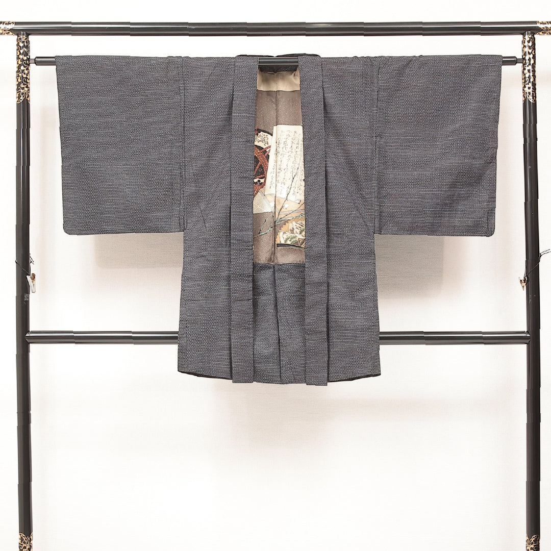 アンサンブル 男着物 袷 身丈142cm 裄丈34cm 正絹 Aランク カジュアル 棒衿 2XLサイズ 十字絣 グレー系 RP 1224-17237