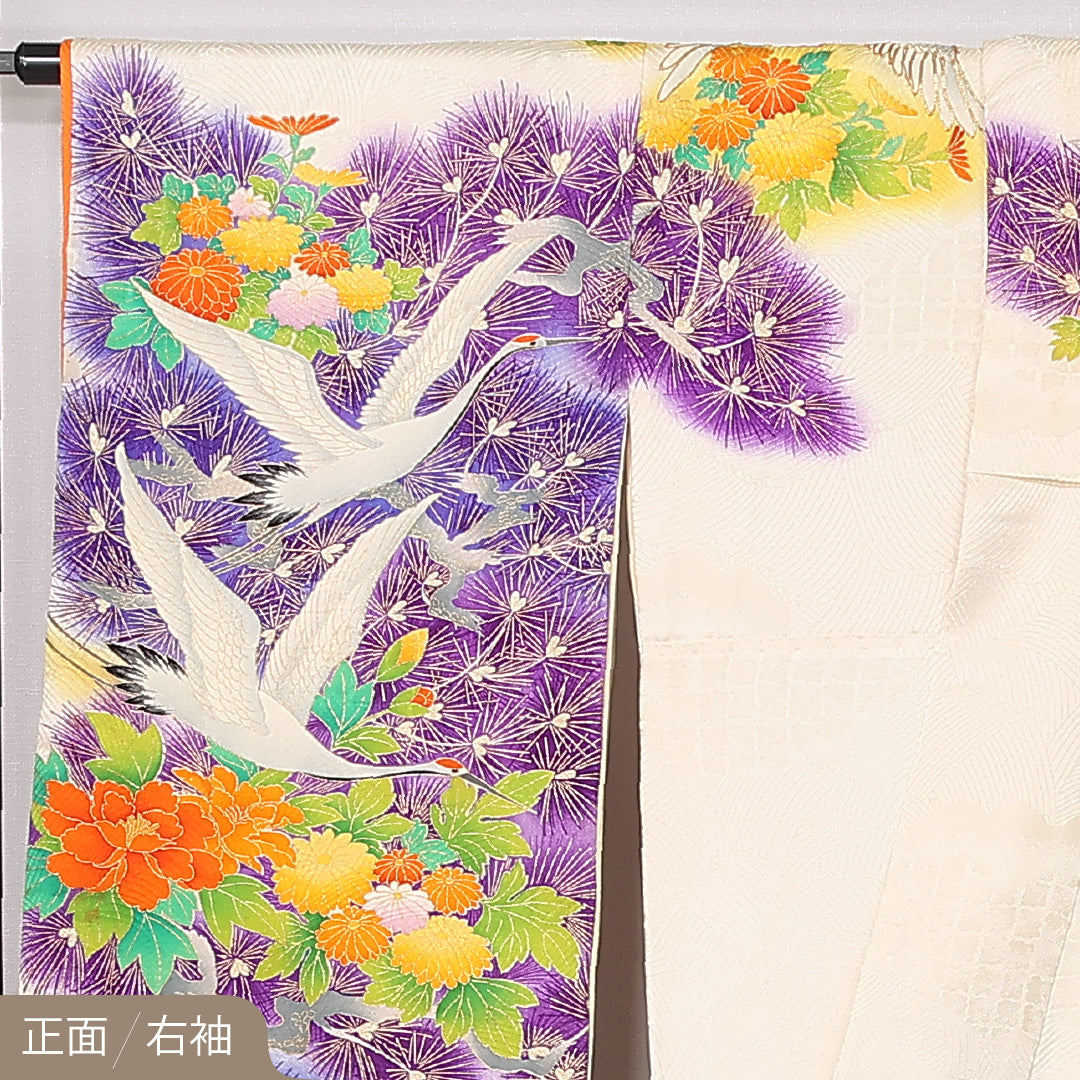 振袖 袷 身丈164cm 裄丈66cm 正絹 Bランク フォーマル 広衿 Lサイズ 鶴 菊 松 クリーム系 RP 1215-06739