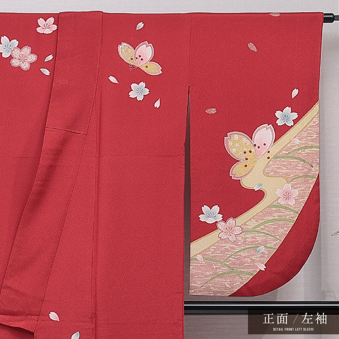 洗える着物 小振袖 袷 身丈165cm 裄丈66cm ポリエステル Sランク セミフォーマル 広衿 XLサイズ 桜 赤系 RP 1216-07069