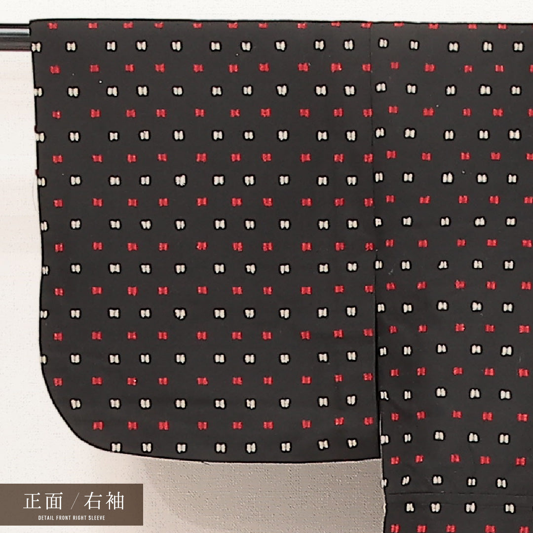 アンティーク 小紋 単衣 身丈138cm 裄丈60cm 正絹 Aランク 広衿 XSサイズ 織り出し 肩当て 創作柄 黒系 HP 1221-17216