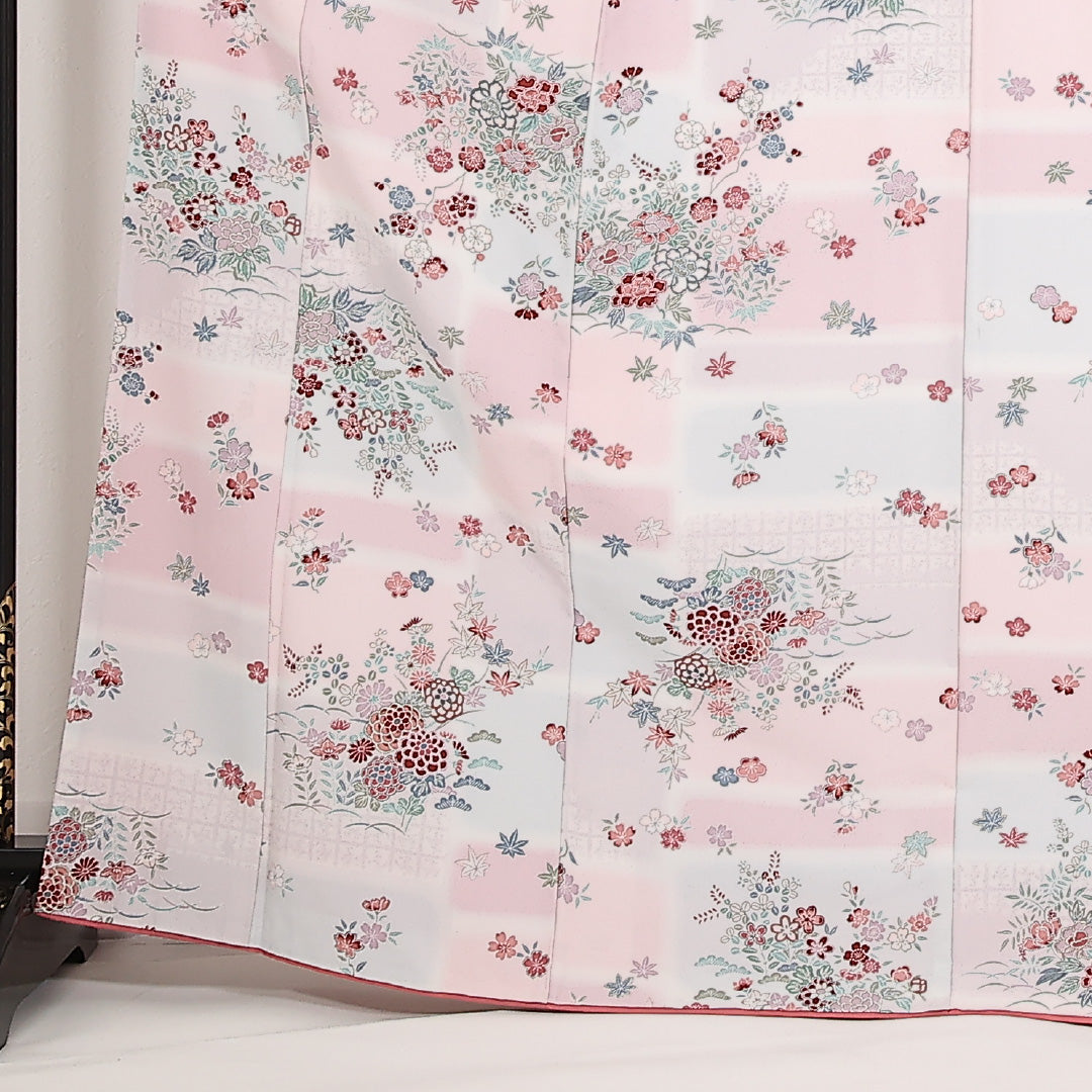洗える着物 小紋 袷 身丈167cm 裄丈65cm ポリエステル Sランク インフォーマル 広衿 Sサイズ 菊 ピンク系 RP 1221-17550