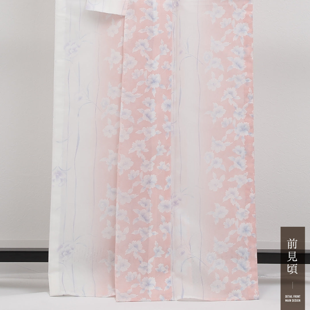 夏物 小紋 絽 身丈163cm 裄丈66cm 正絹 Cランク インフォーマル 広衿 Lサイズ 牡丹 白系 RP 1221-17314