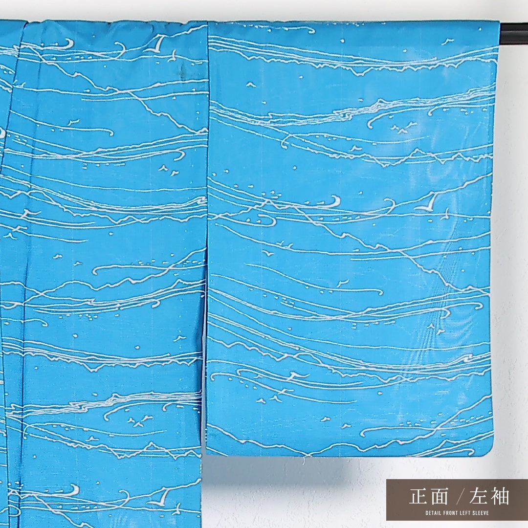 夏物 洗える着物 小紋 絽 身丈152cm 裄丈61cm ポリエステル Cランク インフォーマル バチ衿 Sサイズ 創作柄 水色系 RP 1221-17388