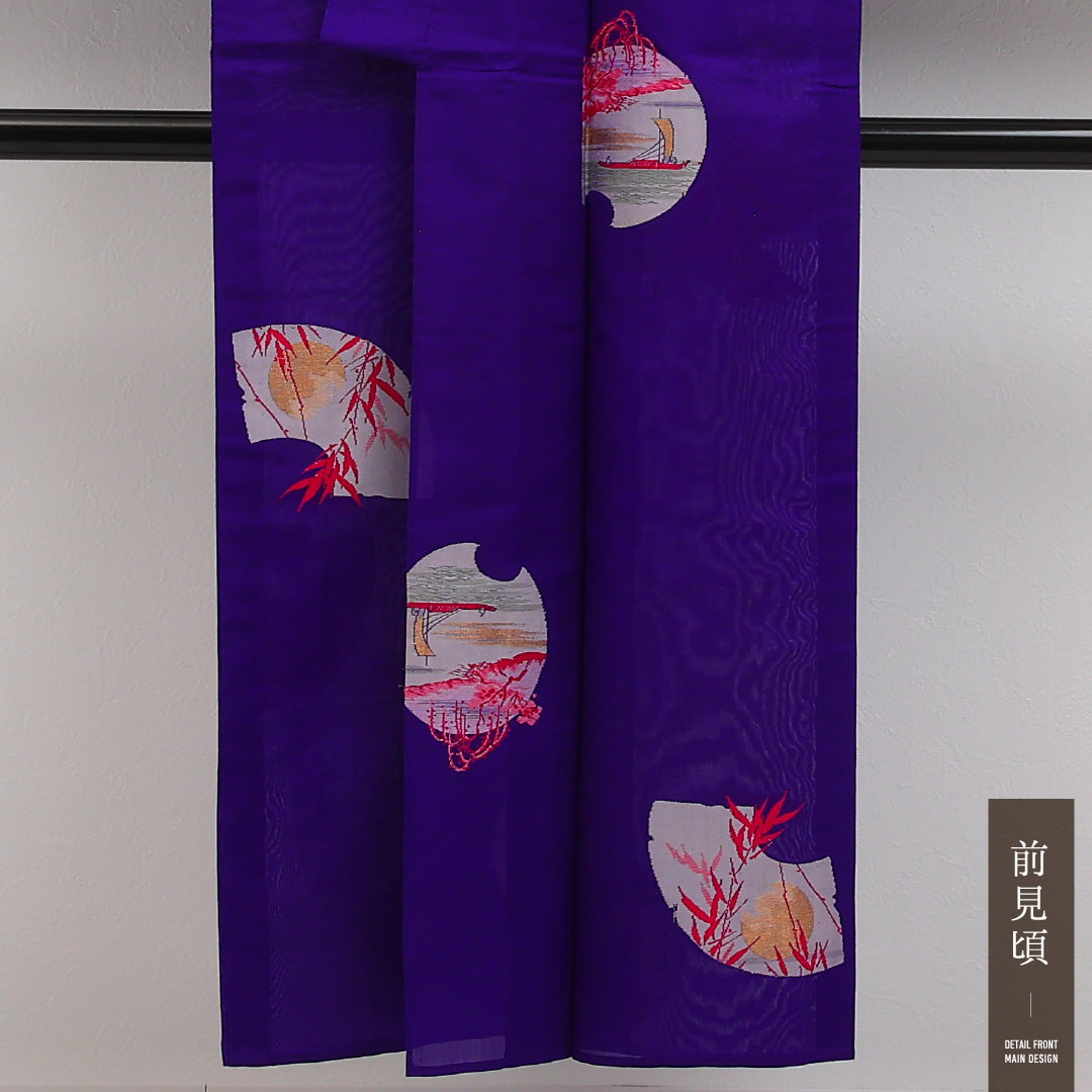 アンティーク 夏物 小紋 身丈145cm 裄丈62cm 正絹 Cランク バチ衿 Sサイズ 金彩 漆糸 船 月 青系 M4 1221-17333