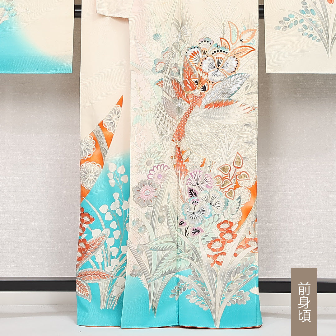 洗える着物 振袖 袷 身丈163cm 裄丈64cm ポリエステル Bランク フォーマル 広衿 Lサイズ 刺繍 孔雀 水色系 RP 1215-06804