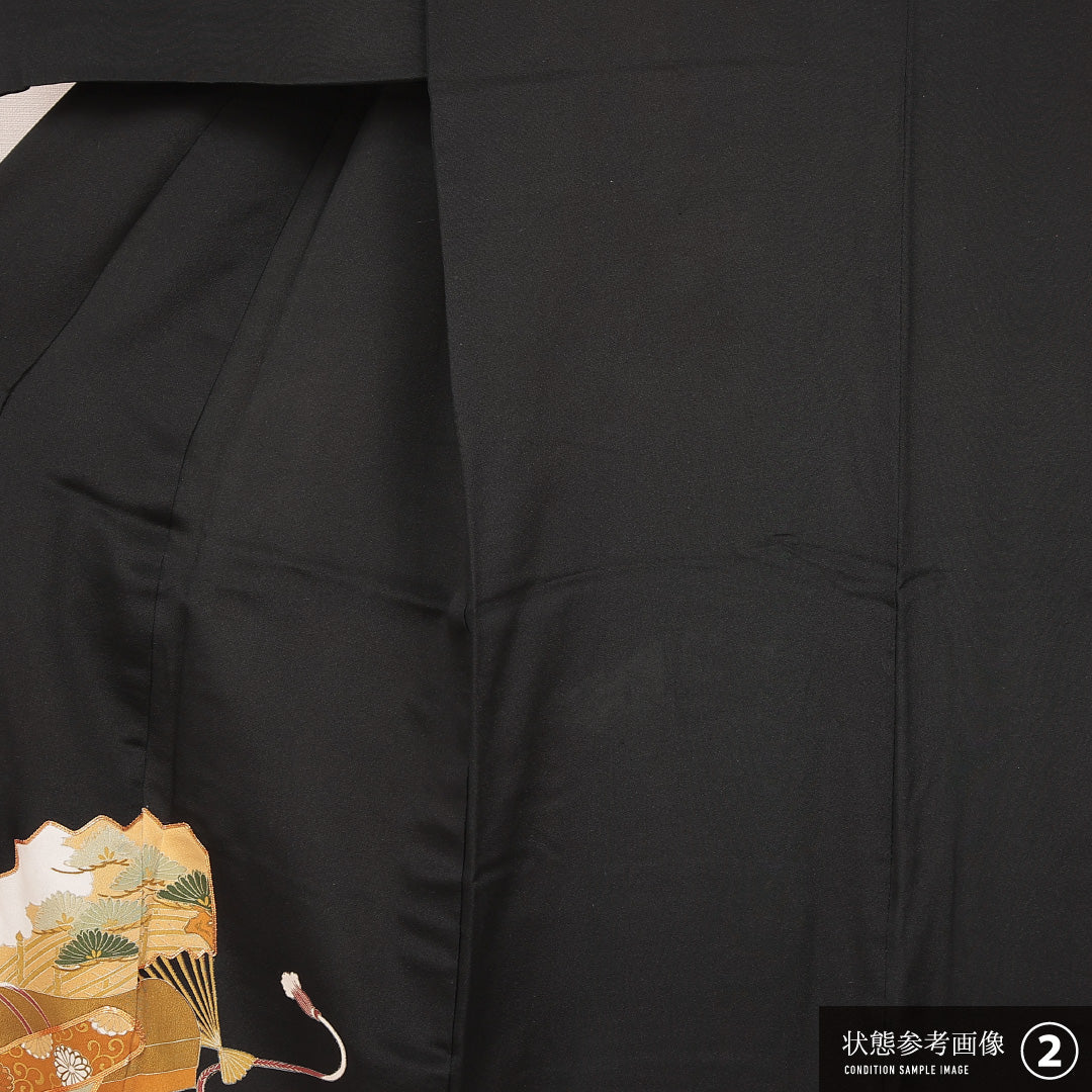 黒留袖 袷 身丈160cm 裄丈61cm 正絹 Aランク 五つ紋 (五三桐) フォーマル 広衿 Lサイズ 金彩 比翼 扇面文 茶屋辻 黒系 RP 1213-07107