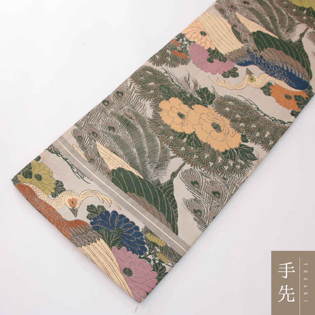 アンティーク 丸帯 帯丈376cm 正絹 全通 孔雀 菊 グレー系 1242-02422
