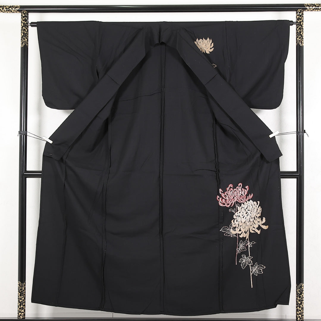 付下げ 単衣 身丈155cm 裄丈63cm レーヨン Aランク インフォーマル 広衿 Sサイズ 乱菊 黒系 M4 1218-17397