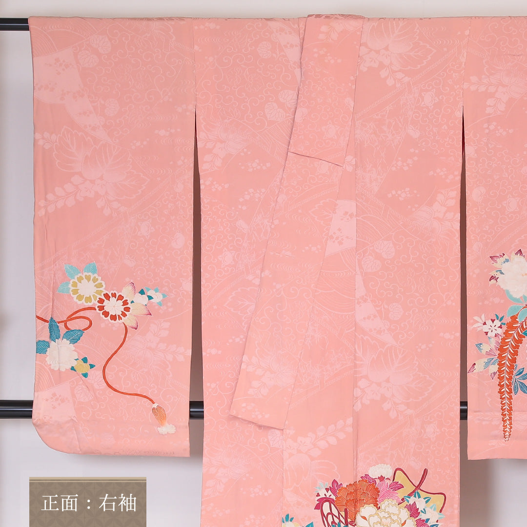 アンティーク 小振袖 (錦紗) 袷 身丈157cm 裄丈63cm 正絹 Bランク 紋意匠 (吉祥文様) 広衿 Mサイズ 藤 牡丹 ピンク系 RP 1216-06346