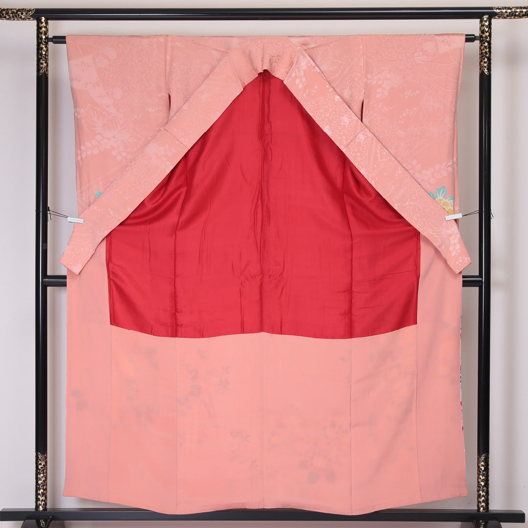 アンティーク 小振袖 (錦紗) 袷 身丈157cm 裄丈63cm 正絹 Bランク 紋意匠 (吉祥文様) 広衿 Mサイズ 藤 牡丹 ピンク系 RP 1216-06346