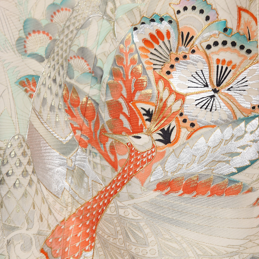 洗える着物 振袖 袷 身丈163cm 裄丈64cm ポリエステル Bランク フォーマル 広衿 Lサイズ 刺繍 孔雀 水色系 RP 1215-06804