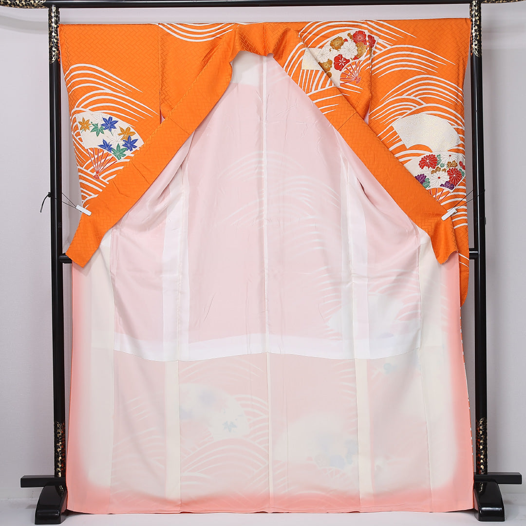 振袖 袷 身丈171cm 裄丈67cm 正絹 Aランク フォーマル 広衿 2XLサイズ 菊 朱系 RP 1215-06733