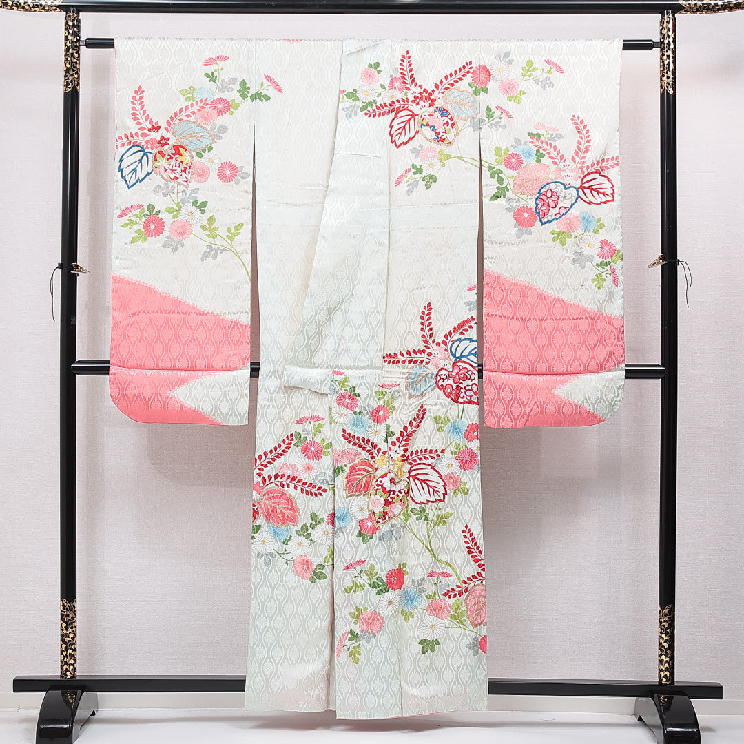振袖 袷 身丈157cm 裄丈63cm 正絹 Cランク フォーマル 広衿 Mサイズ 刺繍 菊 桐 緑系 LP 1215-07022