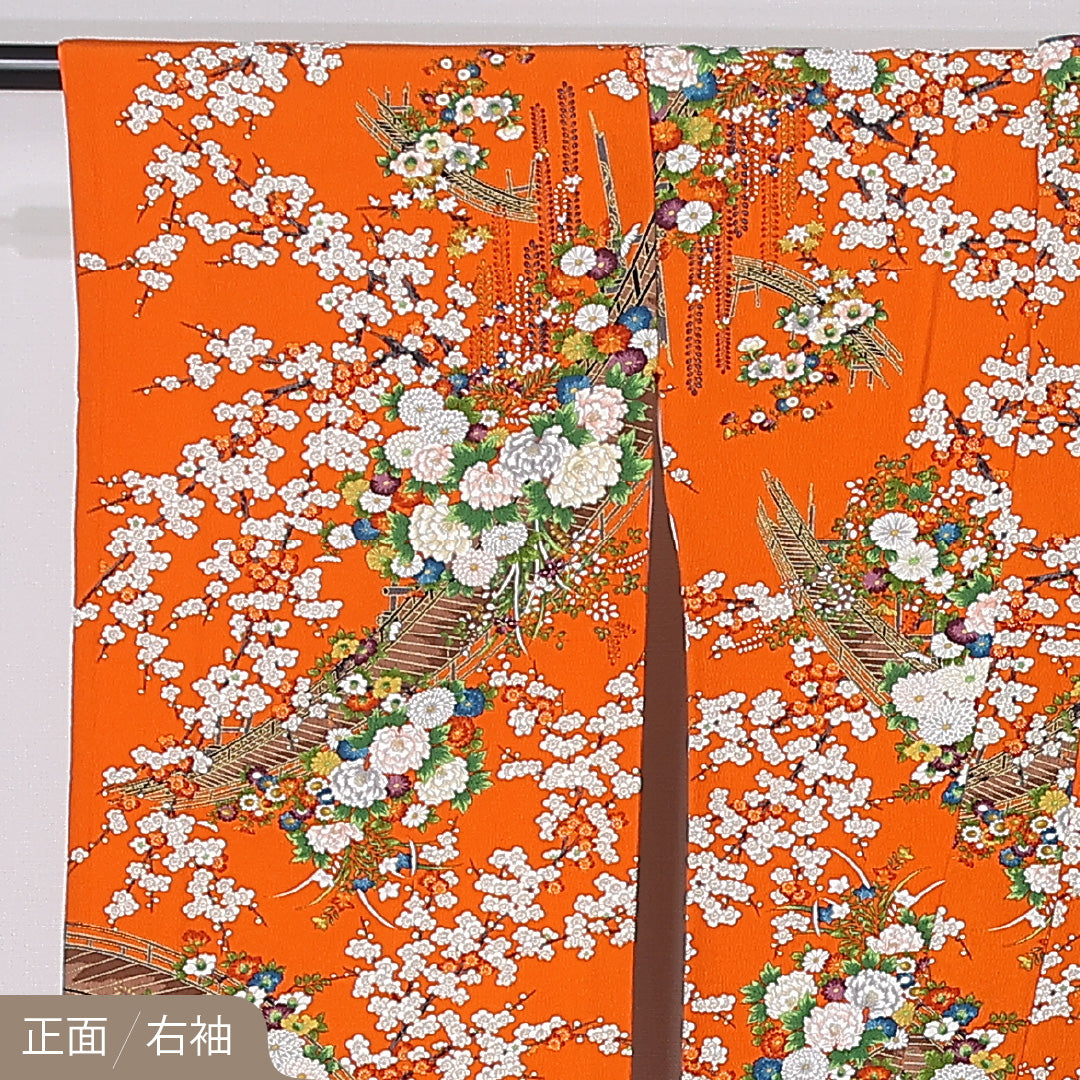小振袖 袷 身丈159cm 裄丈62cm 正絹 Sランク セミフォーマル バチ衿 Mサイズ ふくれ織 橋 梅 朱系 M4 1216-06766