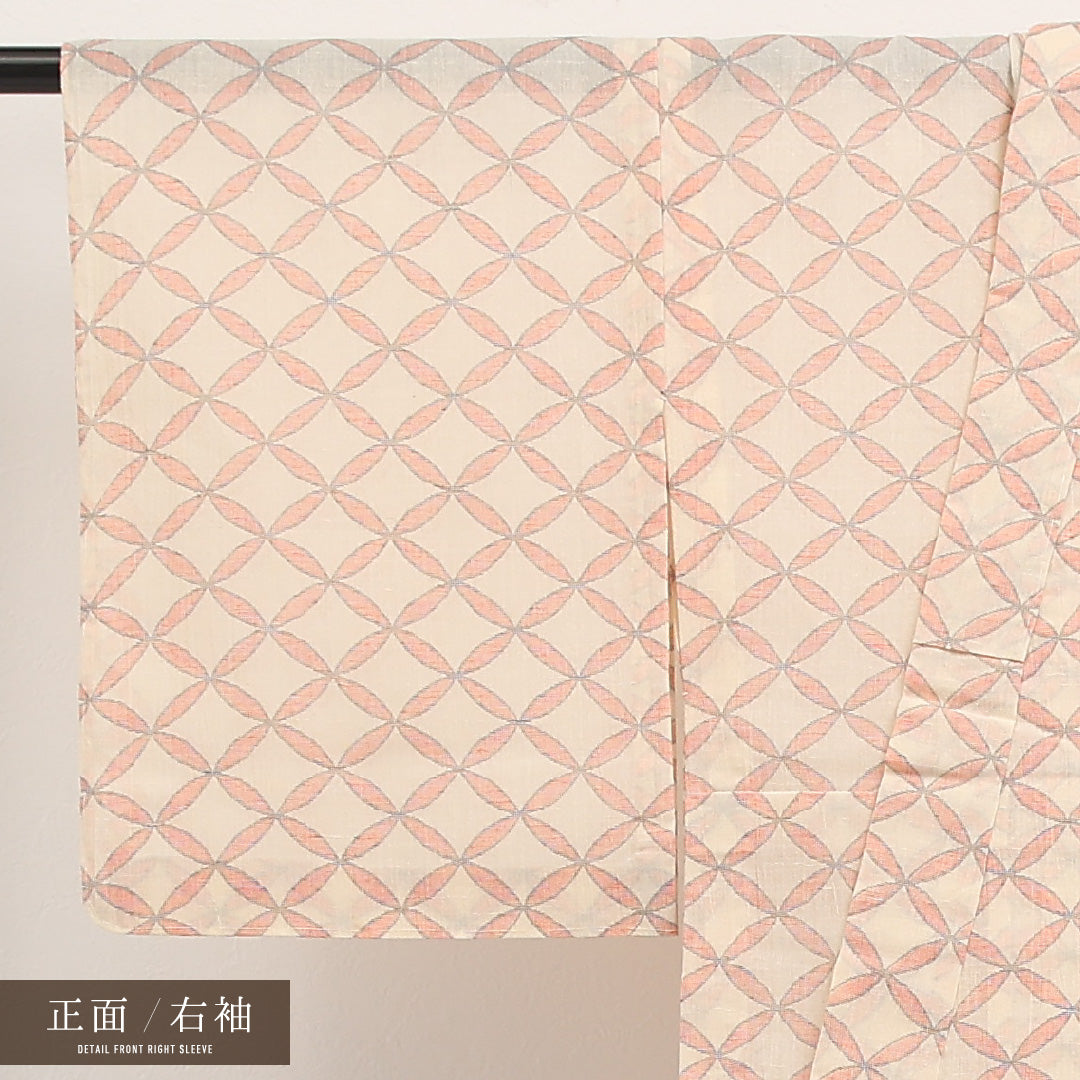 夏物 洗える着物 麻の紬 身丈155cm 裄丈62cm 麻 Cランク カジュアル バチ衿 Lサイズ 七宝 クリーム系 RP 1223-17296