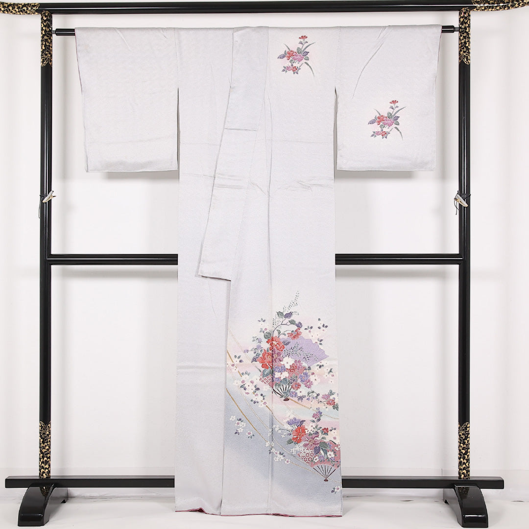 訪問着 袷 身丈161cm 裄丈65cm 正絹 Cランク セミフォーマル 広衿 Lサイズ 刺繍 花扇 グレー系 RP 1217-17519