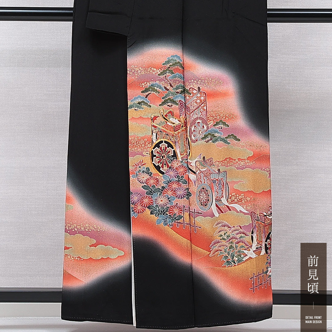 黒留袖 袷 身丈157cm 裄丈63cm 正絹 Sランク 五つ紋 (五三桐) フォーマル 広衿 Mサイズ 比翼 御所車 松 黒系 RP 1213-07024