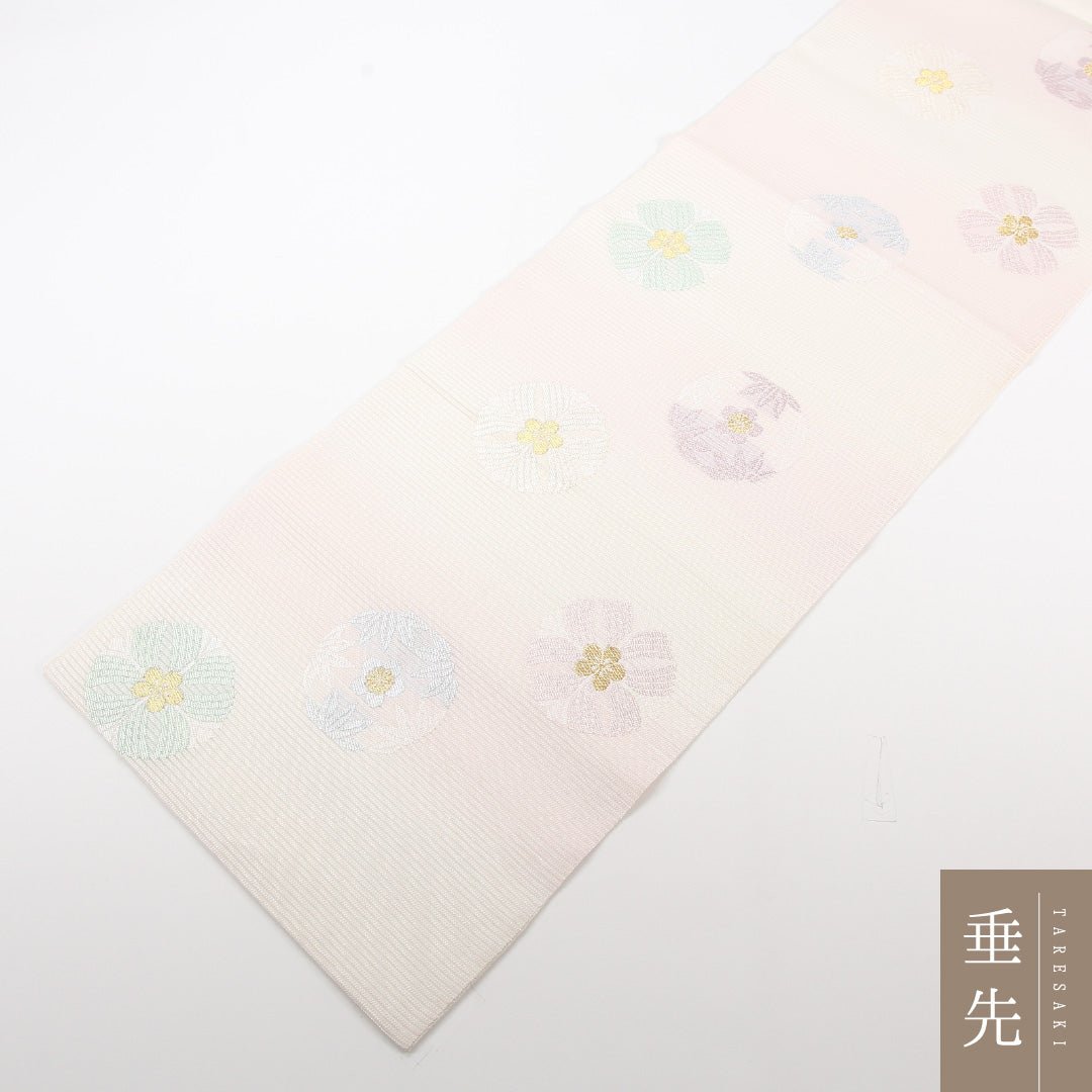 夏物 袋帯 帯丈432cm 正絹 六通 インフォーマル 丸文 クリーム系 ピンク系 1243-02518