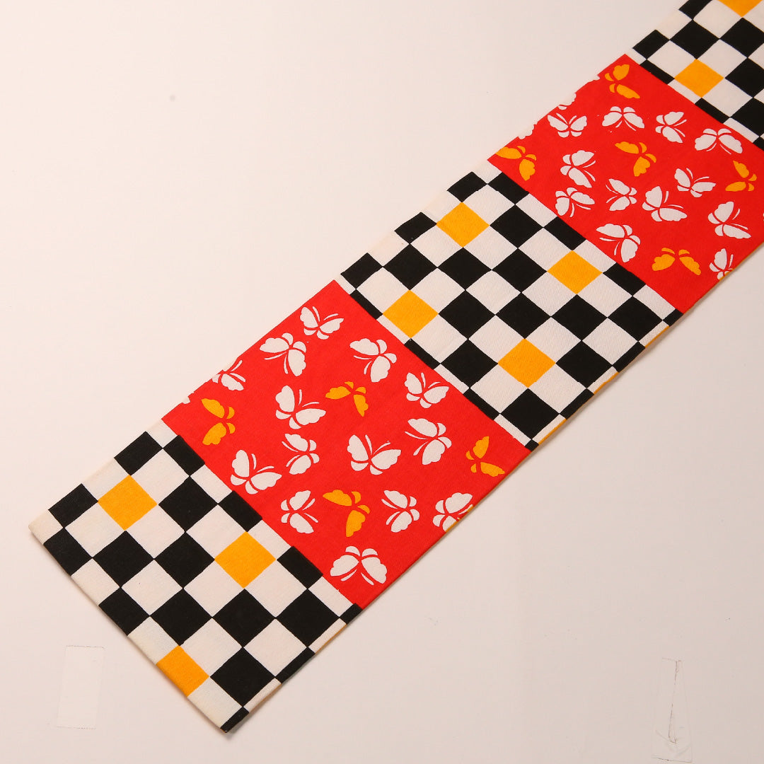半幅帯 帯丈348cm 木綿 全通 小袋帯 カジュアル 蝶 市松 赤系 1247-00748
